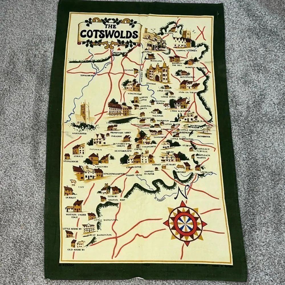 England Cotswolds Cotton British Villages Roads Map Towns Britain Made Tea Towel